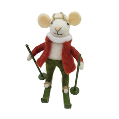 Souris en laine ORN 3,5″ x 5″, manteau rouge, ski avec bâtons en bois marron