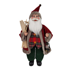 Père Noël de 45 cm (18 pouces) debout, manteau rouge à fourrure marron, tenant une lampe noire